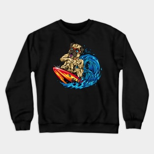 Funny Surfing Pug Riding an Ocean Wave Dog Surfboard Crewneck Sweatshirt